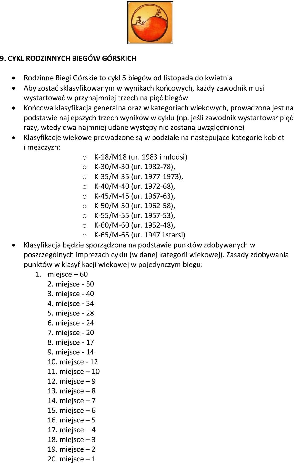 jeśli zawodnik wystartował pięć razy, wtedy dwa najmniej udane występy nie zostaną uwzględnione) Klasyfikacje wiekowe prowadzone są w podziale na następujące kategorie kobiet i mężczyzn: o K-18/M18