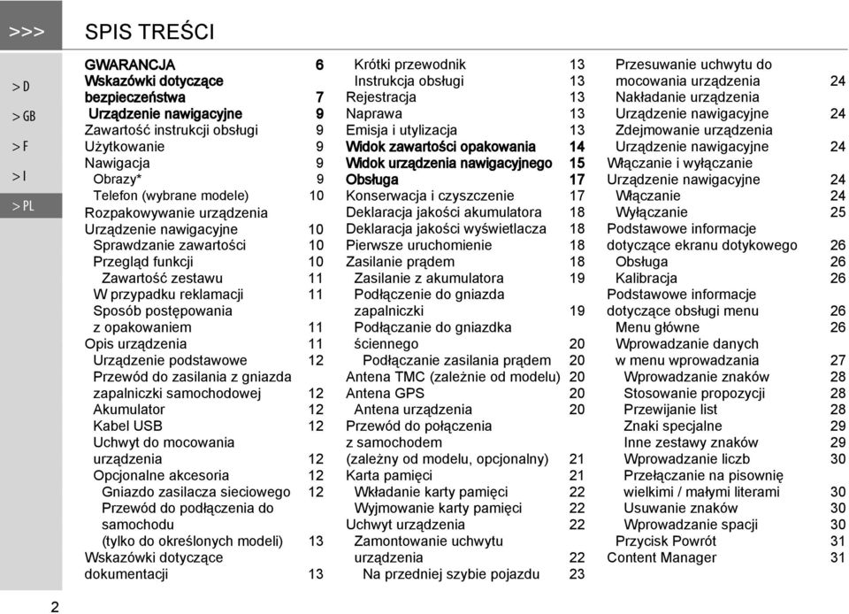 11 Urządzenie podstawowe 12 Przewód do zasilania z gniazda zapalniczki samochodowej 12 Akumulator 12 Kabel USB 12 Uchwyt do mocowania urządzenia 12 Opcjonalne akcesoria 12 Gniazdo zasilacza