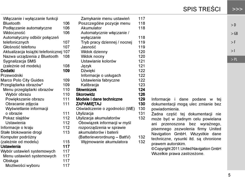 Wybór obrazu 110 Powiększanie obrazu 111 Obracanie zdjęcia 111 Wyświetlanie informacji o obrazie 111 Pokaz slajdów 112 Ustawienia 112 Informacje o kraju 112 Stałe blokowanie drogi 113 Komputer