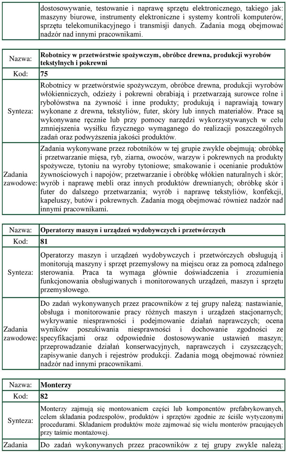 Kod: 75 Robotnicy w przetwórstwie spożywczym, obróbce drewna, produkcji wyrobów tekstylnych i pokrewni Robotnicy w przetwórstwie spożywczym, obróbce drewna, produkcji wyrobów włókienniczych, odzieży