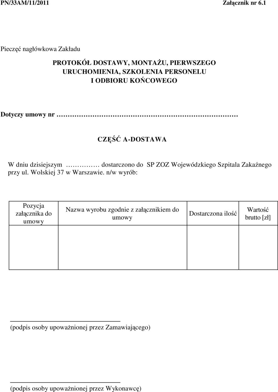 Dotyczy umowy nr CZ A-DOSTAWA W dniu dzisiejszym dostarczono do SP ZOZ Wojewódzkiego Szpitala Zaka nego przy ul.
