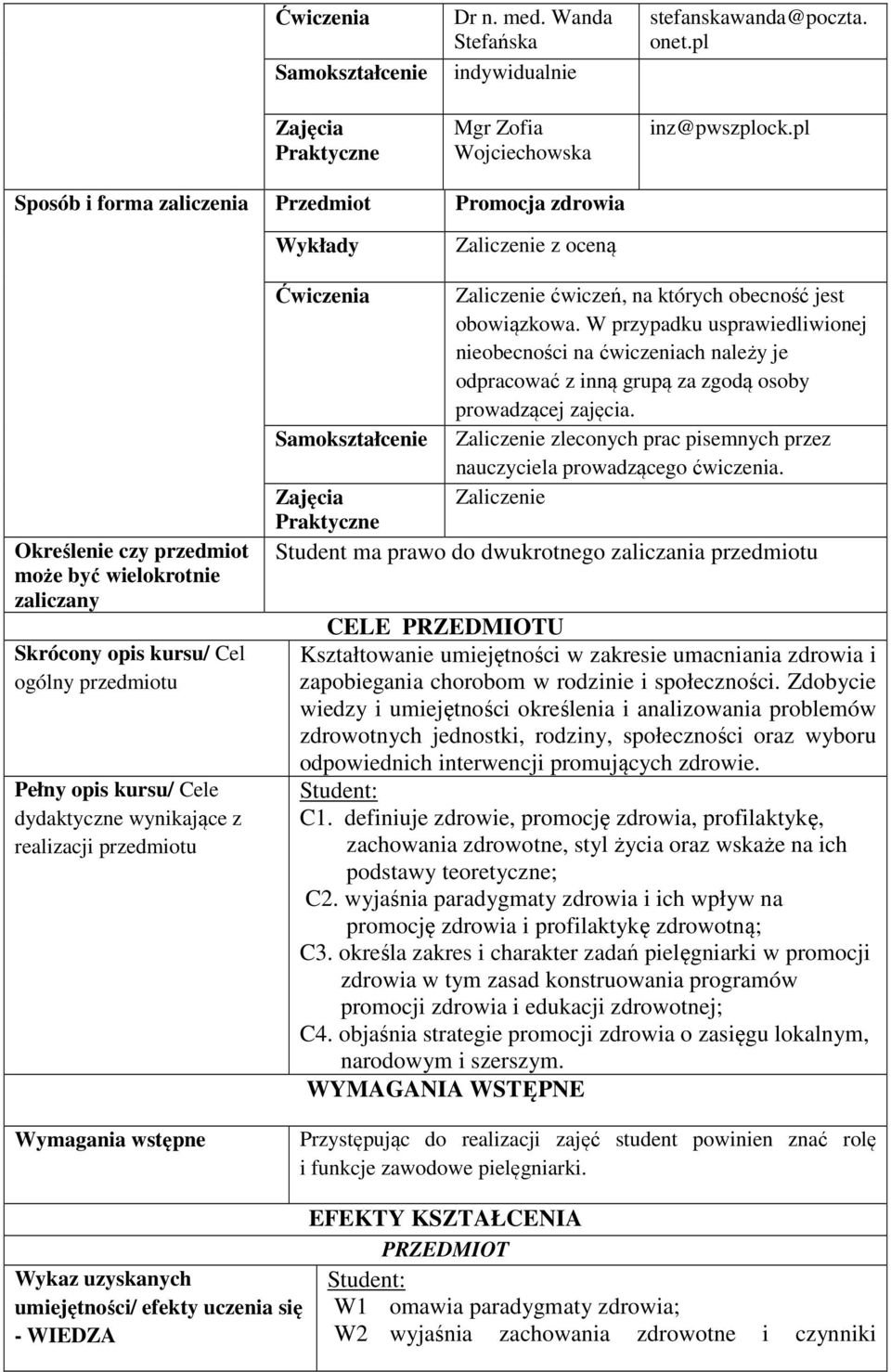 kursu/ Cele dydaktyczne wynikające z realizacji przedmiotu Wymagania wstępne Ćwiczenia Zaliczenie ćwiczeń, na których obecność jest obowiązkowa.