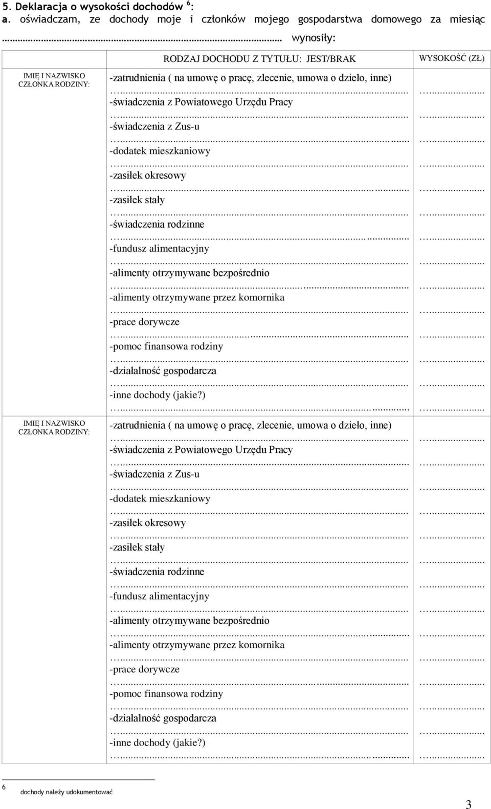 -zatrudnienia ( na umowę o pracę, zlecenie, umowa o dzieło, inne) -świadczenia z Powiatowego Urzędu Pracy -świadczenia z Zus-u -dodatek mieszkaniowy -zasiłek okresowy -zasiłek stały -świadczenia