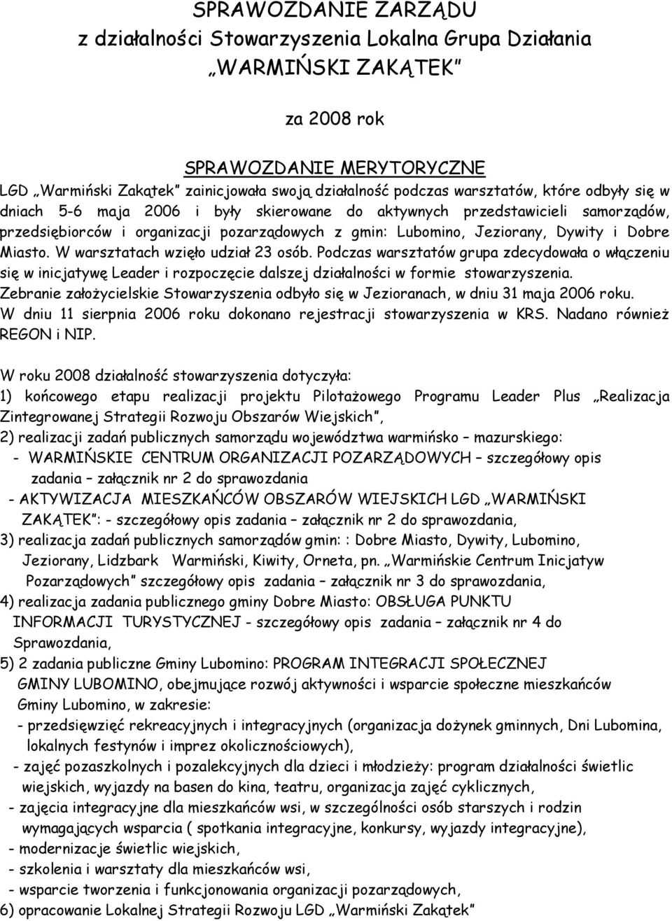 Miasto. W warsztatach wzięło udział 23 osób. Podczas warsztatów grupa zdecydowała o włączeniu się w inicjatywę Leader i rozpoczęcie dalszej działalności w formie stowarzyszenia.