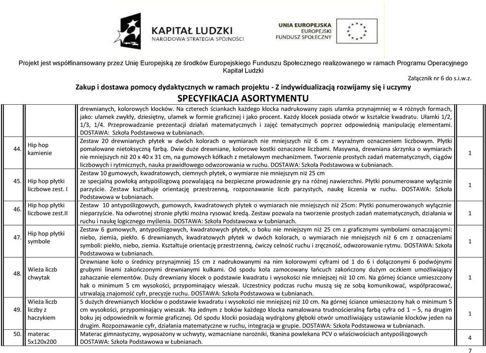 Każdy klocek posiada otwór w kształcie kwadratu. Ułamki /2, /3, /4. Przeprowadzanie prezentacji działań matematycznych i zajęć tematycznych poprzez odpowiednią manipulację elementami.