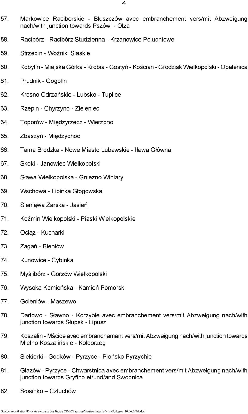 Rzepin - Chyrzyno - Zieleniec 64. Toporów - Międzyrzecz - Wierzbno 65. Zbąszyń - Międzychód 66. Tama Brodzka - Nowe Miasto Lubawskie - Iława Główna 67. Skoki - Janowiec Wielkopolski 68.