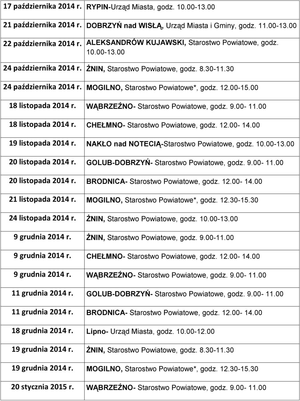 00 18 listopada 2014 r. WĄBRZEŹNO- Starostwo Powiatowe, godz. 9.00-11.00 18 listopada 2014 r. CHEŁMNO- Starostwo Powiatowe, godz. 12.00-14.00 19 listopada 2014 r.