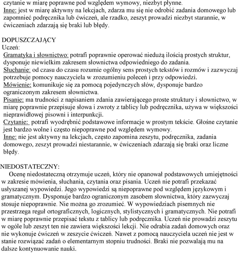 braki lub błędy. DOPUSZCZAJĄCY Gramatyka i słownictwo: potrafi poprawnie operować niedużą ilością prostych struktur, dysponuje niewielkim zakresem słownictwa odpowiedniego do zadania.