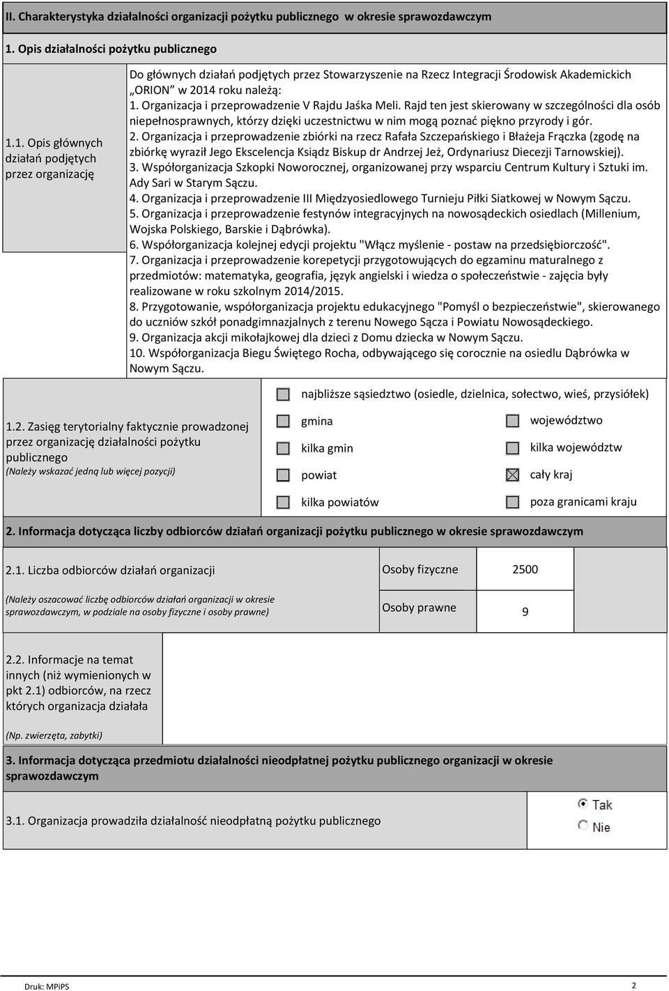 1. Opis głównych działań podjętych przez organizację Do głównych działań podjętych przez Stowarzyszenie na Rzecz Integracji Środowisk Akademickich ORION w 2014 roku należą: 1.