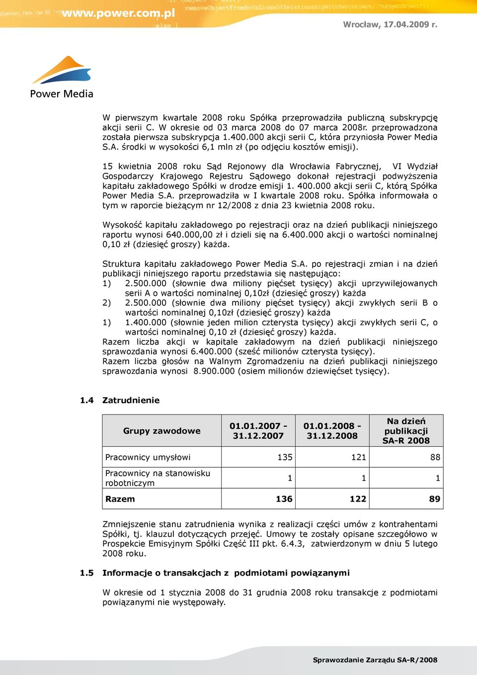 15 kwietnia 2008 roku Sąd Rejonowy dla Wrocławia Fabrycznej, VI Wydział Gospodarczy Krajowego Rejestru Sądowego dokonał rejestracji podwyższenia kapitału zakładowego Spółki w drodze emisji 1. 400.