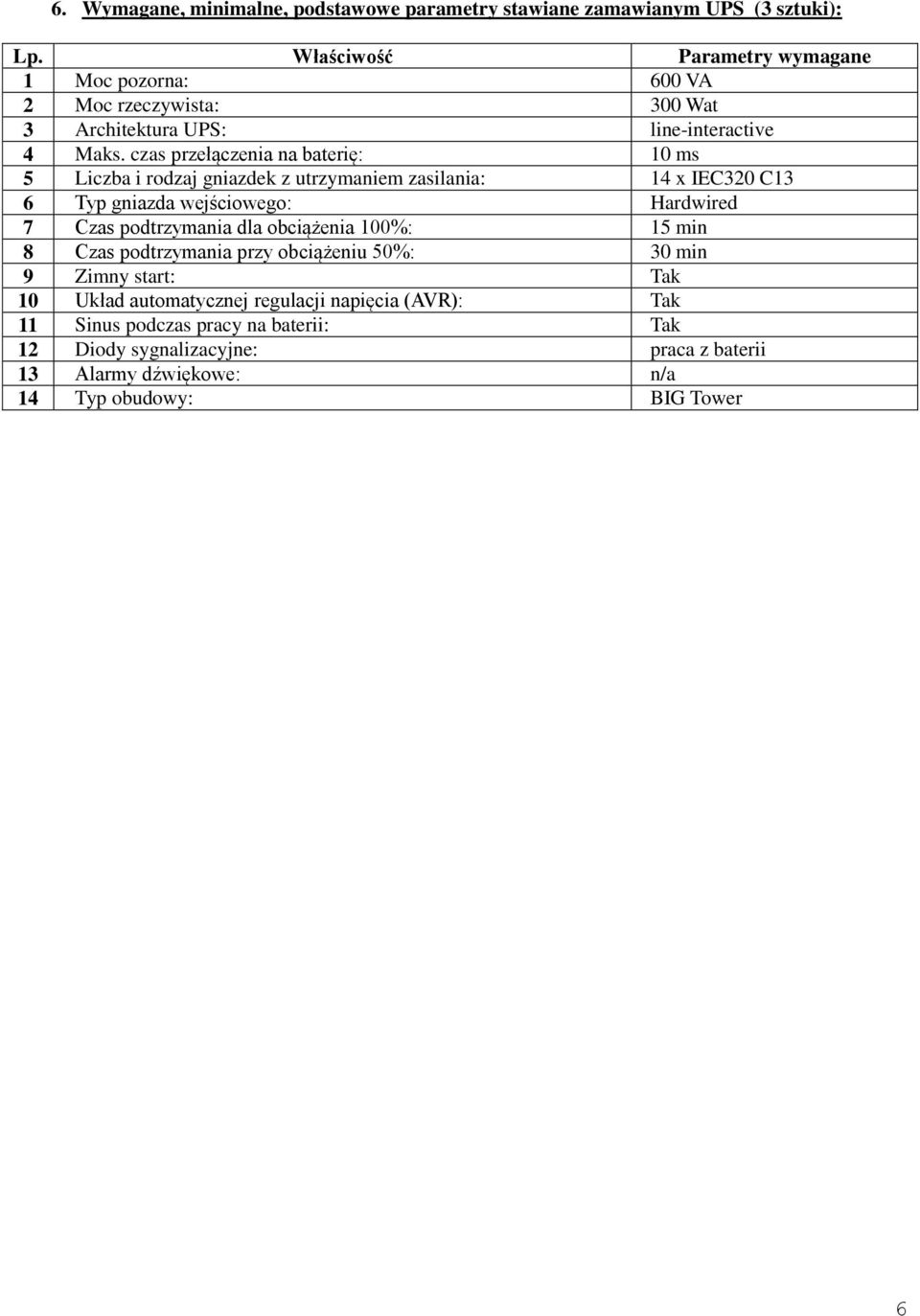 czas przełączenia na baterię: 10 ms 5 Liczba i rodzaj gniazdek z utrzymaniem zasilania: 14 x IEC320 C13 6 Typ gniazda wejściowego: Hardwired 7 Czas podtrzymania