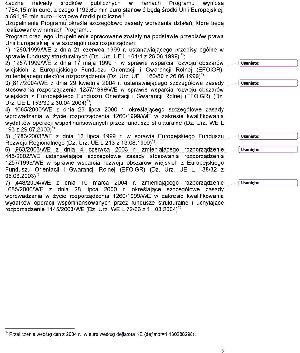 Program oraz jego Uzupełnienie opracowane zostały na podstawie przepisów prawa Unii Europejskiej, a w szczególności rozporządzeń: 1) 1260/1999/WE z dnia 21 czerwca 1999 r.