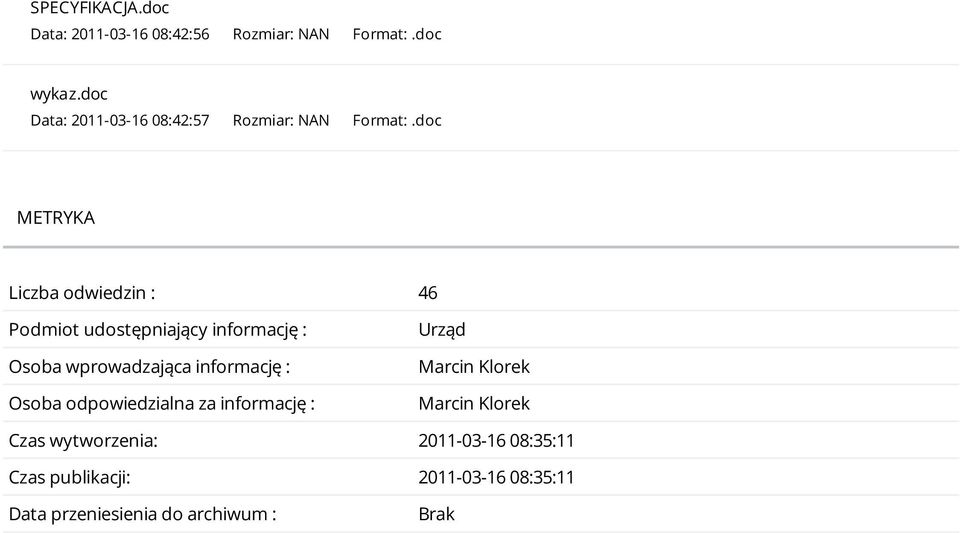 doc METRYKA Liczba odwiedzin : 46 Podmiot udostępniający informację : Osoba wprowadzająca informację :