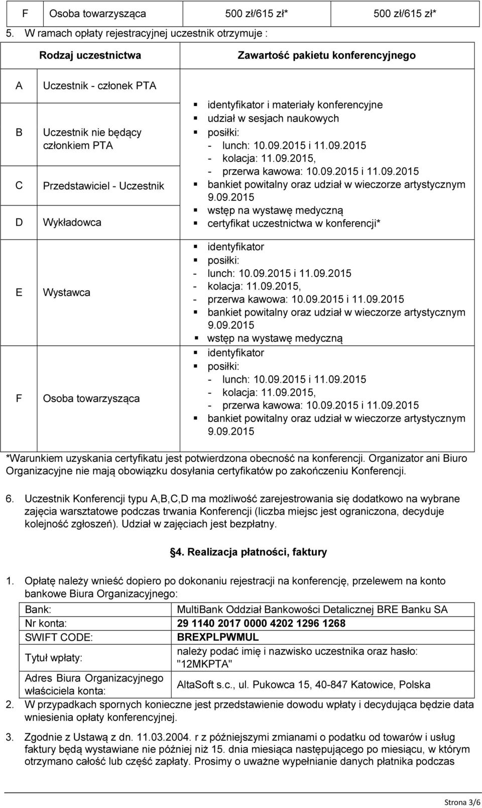 Uczestnik Wykładowca Wystawca Osoba towarzysząca identyfikator i materiały konferencyjne udział w sesjach naukowych posiłki: - lunch: 10.09.2015 i 11.09.2015 - kolacja: 11.09.2015, - przerwa kawowa: 10.