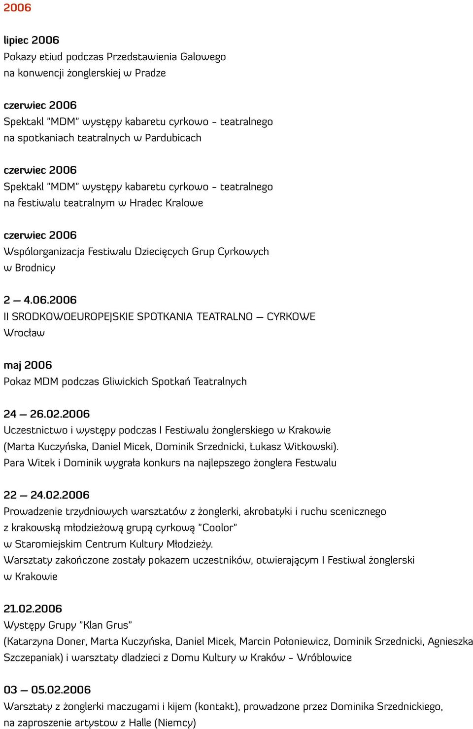 2006 II ŚRODKOWOEUROPEJSKIE SPOTKANIA TEATRALNO CYRKOWE maj 2006 Pokaz MDM podczas Gliwickich Spotkań Teatralnych 24 26.02.