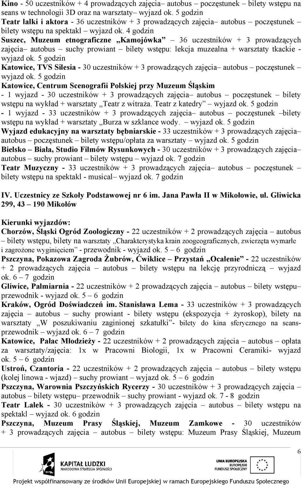 4 godzin Suszec, Muzeum etnograficzne Kamojówka 36 uczestników + 3 prowadzących zajęcia autobus suchy prowiant bilety wstępu: lekcja muzealna + warsztaty tkackie - wyjazd ok.