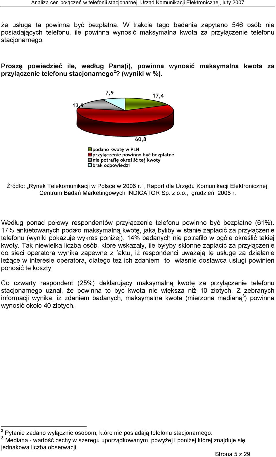 13,9 7,9 17,4 60,8 podano kwotę w PLN przyłączenie powinno być bezpłatne nie potrafię określić tej kwoty brak odpowiedzi Źródło: Rynek Telekomunikacji w Polsce w 2006 r.