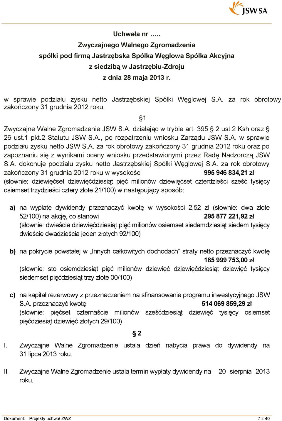 A. dokonuje podziału zysku netto Jastrzębskiej Spółki Węglowej S.A. za rok obrotowy zakończony 31 grudnia 2012 roku w wysokości 995 946 834,21 zł (słownie: dziewięćset dziewięćdziesiąt pięć milionów