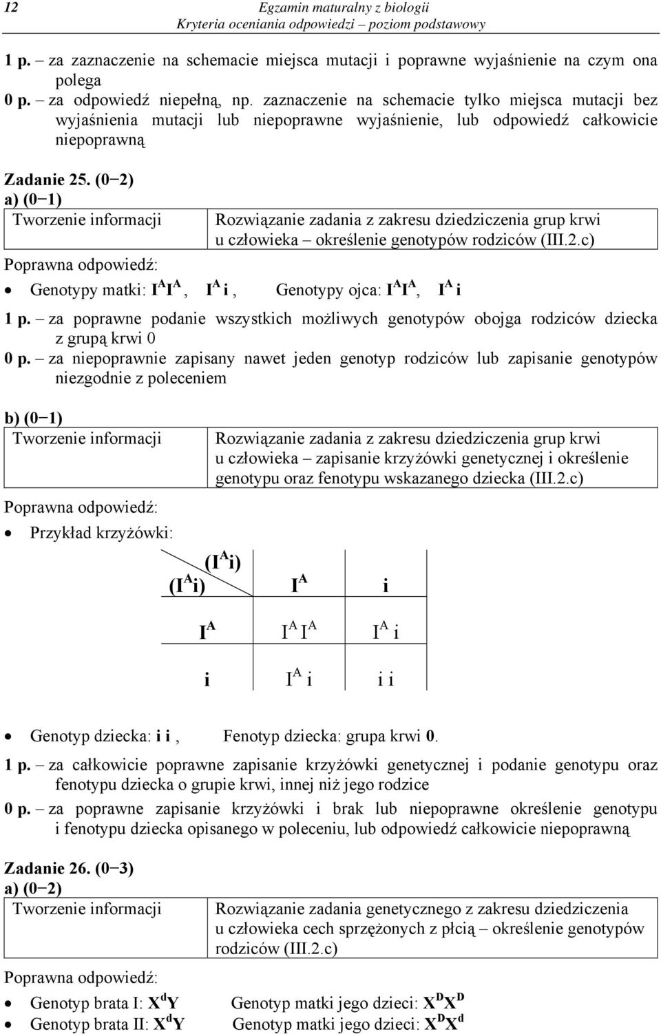 (0 2) Rozwiązanie zadania z zakresu dziedziczenia grup krwi u człowieka określenie genotypów rodziców (III.2.c) Genotypy matki: I A I A, I A i, Genotypy ojca: I A I A, I A i 1 p.