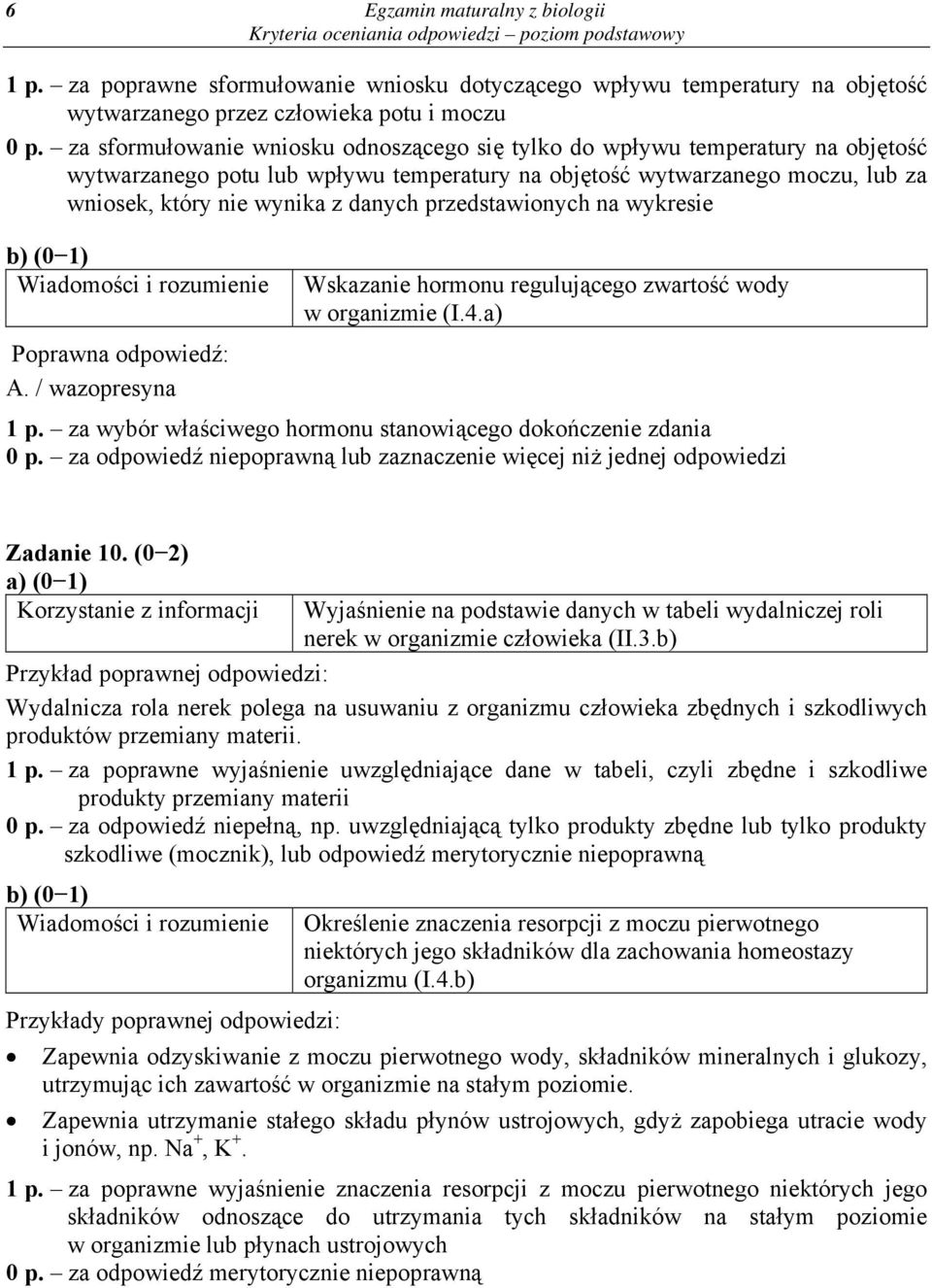 przedstawionych na wykresie Wskazanie hormonu regulującego zwartość wody w organizmie (I.4.a) A. / wazopresyna 1 p. za wybór właściwego hormonu stanowiącego dokończenie zdania 0 p.