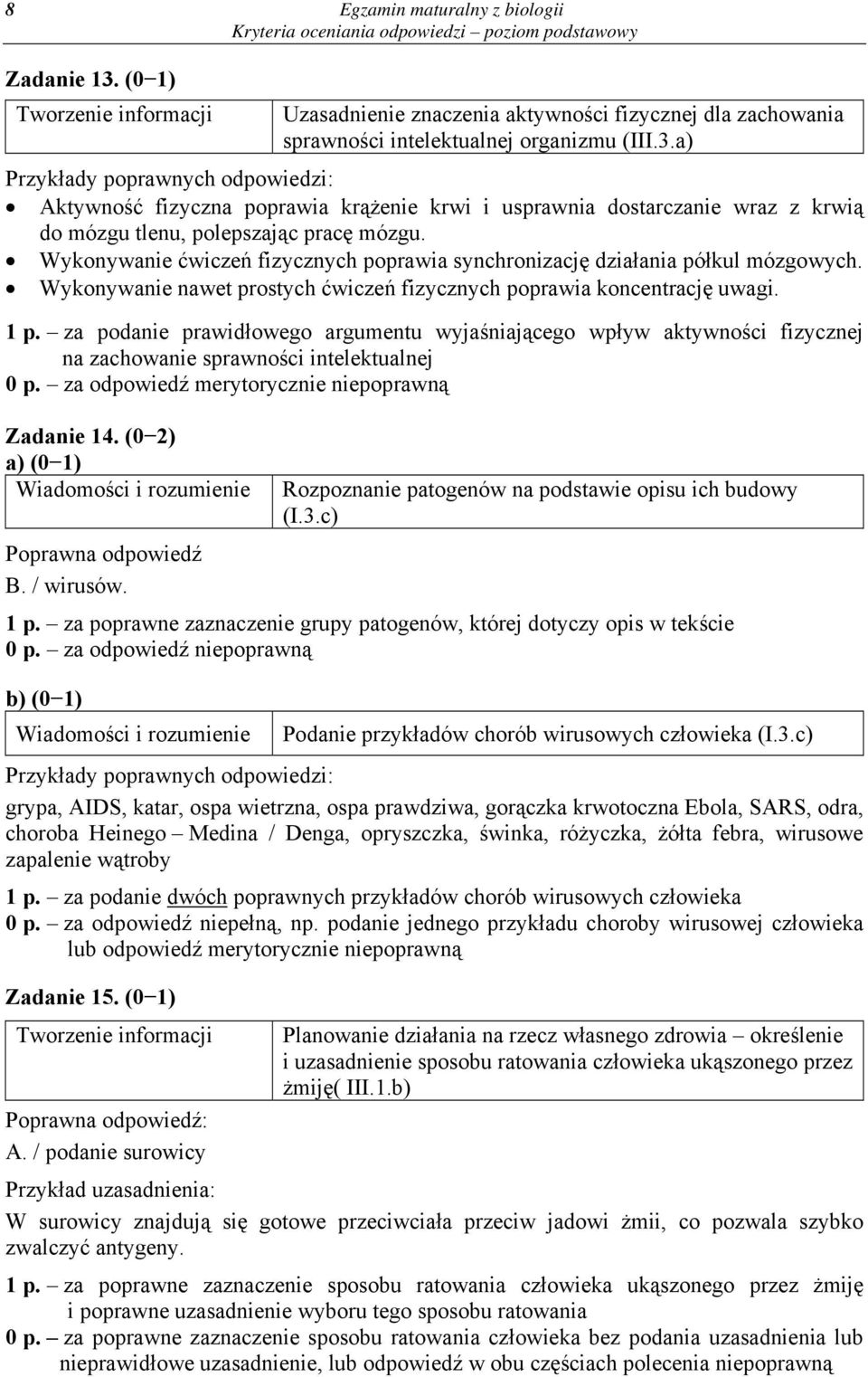 za podanie prawidłowego argumentu wyjaśniającego wpływ aktywności fizycznej na zachowanie sprawności intelektualnej 0 p. za odpowiedź merytorycznie niepoprawną Zadanie 14.