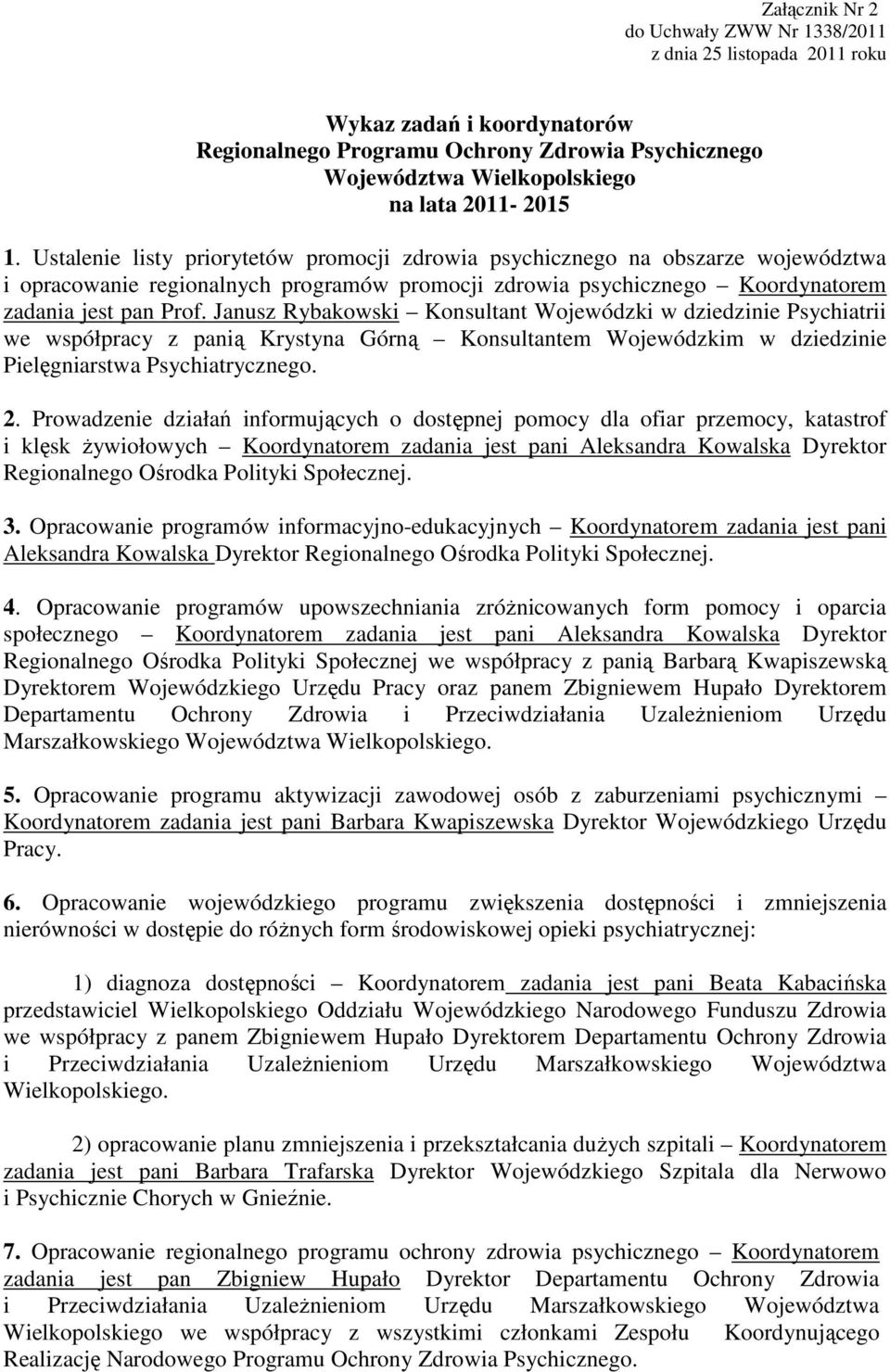 Janusz Rybakowski Konsultant Wojewódzki w dziedzinie Psychiatrii we współpracy z panią Krystyna Górną Konsultantem Wojewódzkim w dziedzinie Pielęgniarstwa Psychiatrycznego. 2.