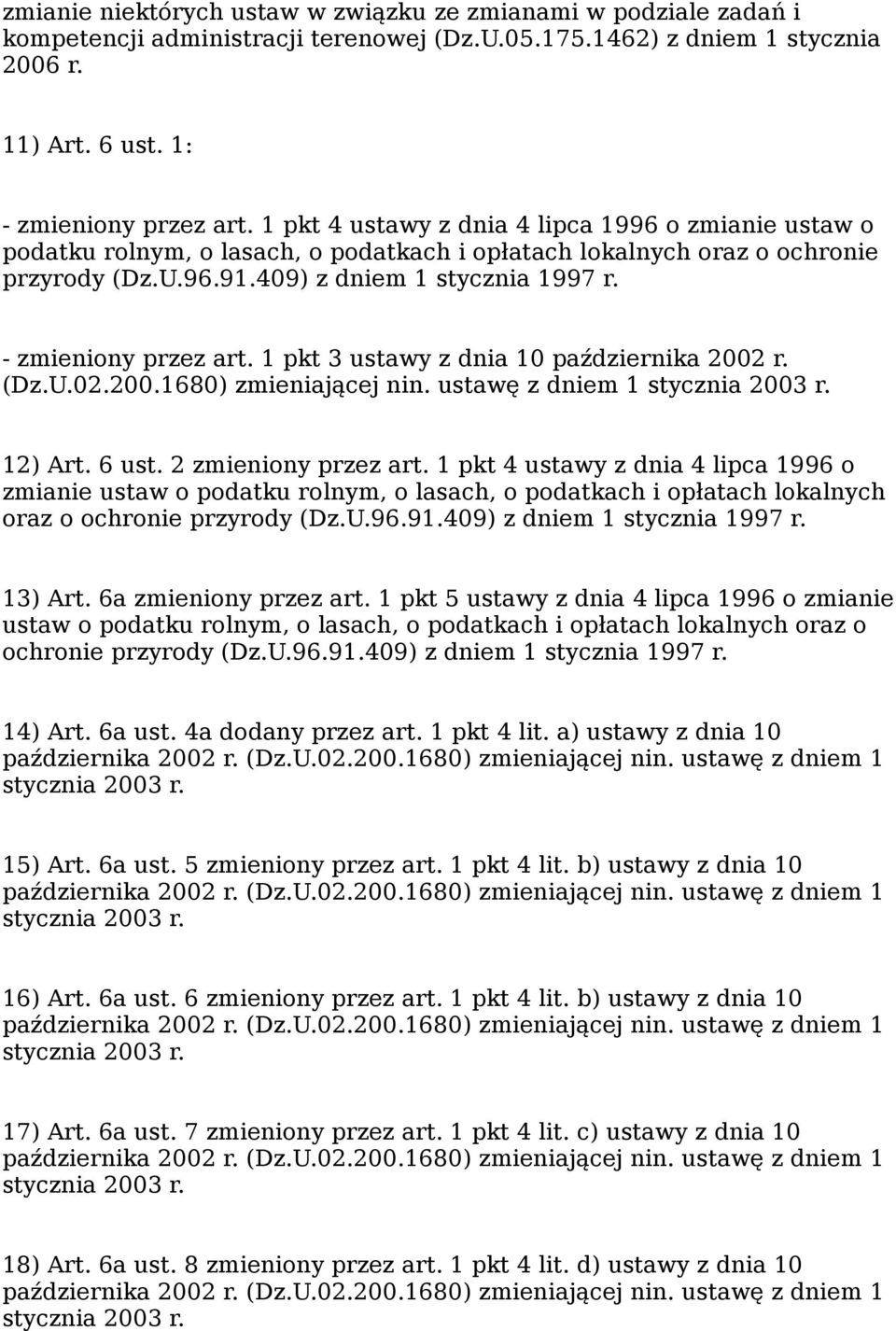 - zmieniony przez art. 1 pkt 3 ustawy z dnia 10 października 2002 r. (Dz.U.02.200.1680) zmieniającej nin. ustawę z dniem 1 12) Art. 6 ust. 2 zmieniony przez art.  13) Art. 6a zmieniony przez art.