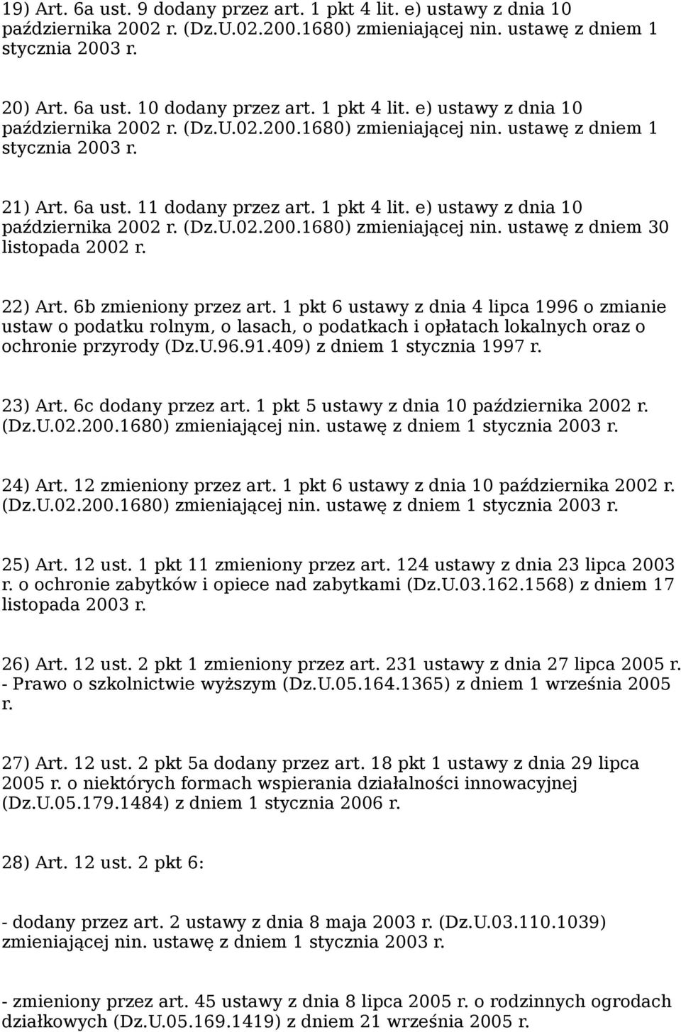1 pkt 6 ustawy z dnia 4 lipca 1996 o zmianie ustaw o podatku rolnym, o lasach, o podatkach i opłatach lokalnych oraz o ochronie przyrody (Dz.U.96.91.409) z dniem 1 stycznia 1997 r. 23) Art.