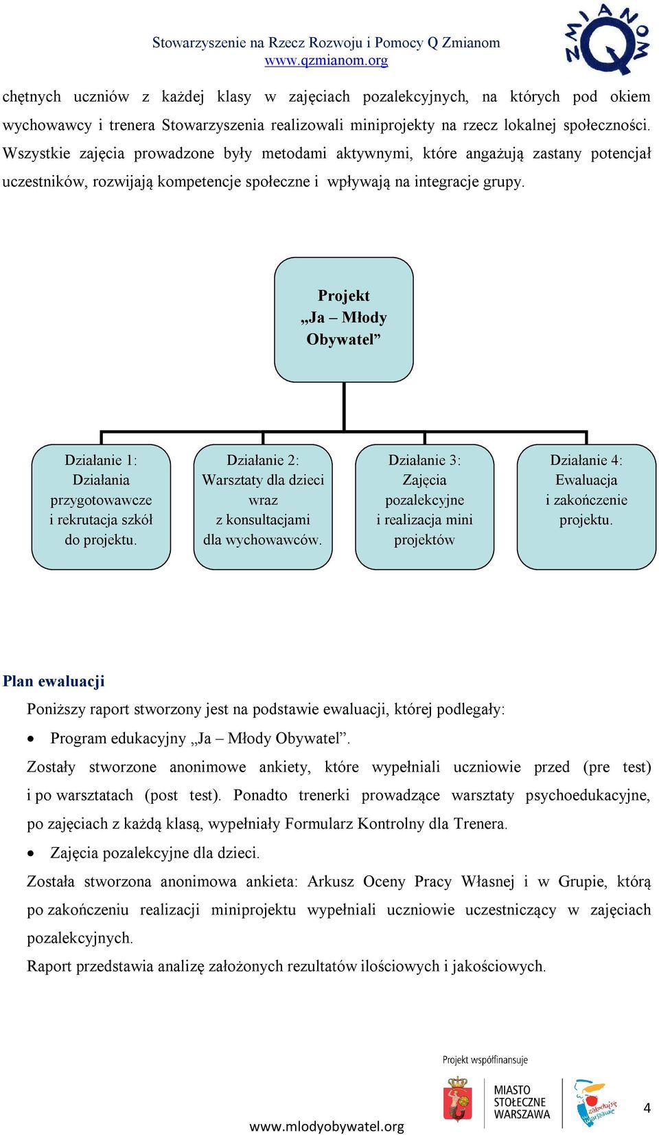 Projekt Ja Młody Obywatel Działanie 1: Działania przygotowawcze i rekrutacja szkół do projektu. Działanie 2: Warsztaty dla dzieci wraz z konsultacjami dla wychowawców.