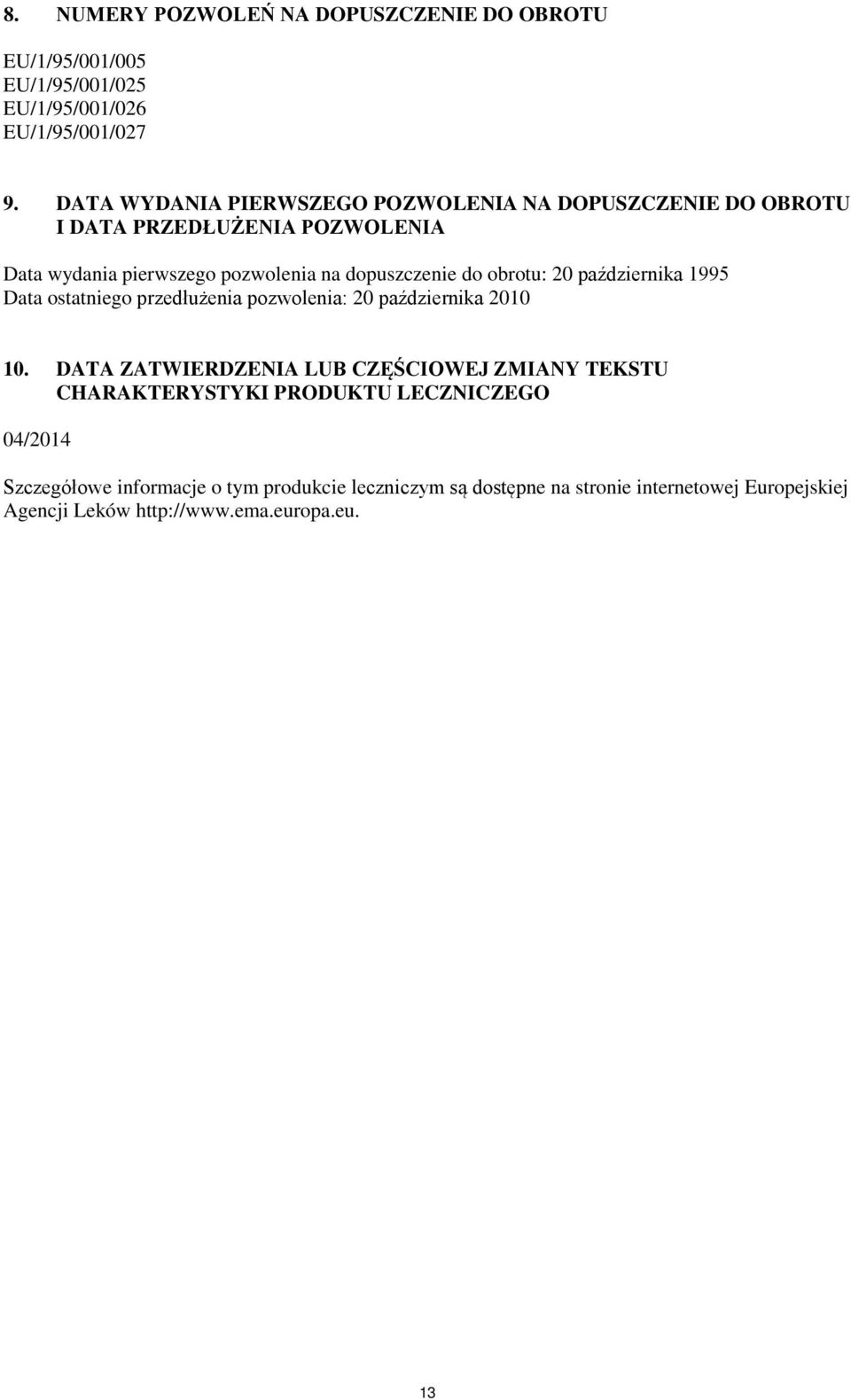 obrotu: 20 października 1995 Data ostatniego przedłużenia pozwolenia: 20 października 2010 10.