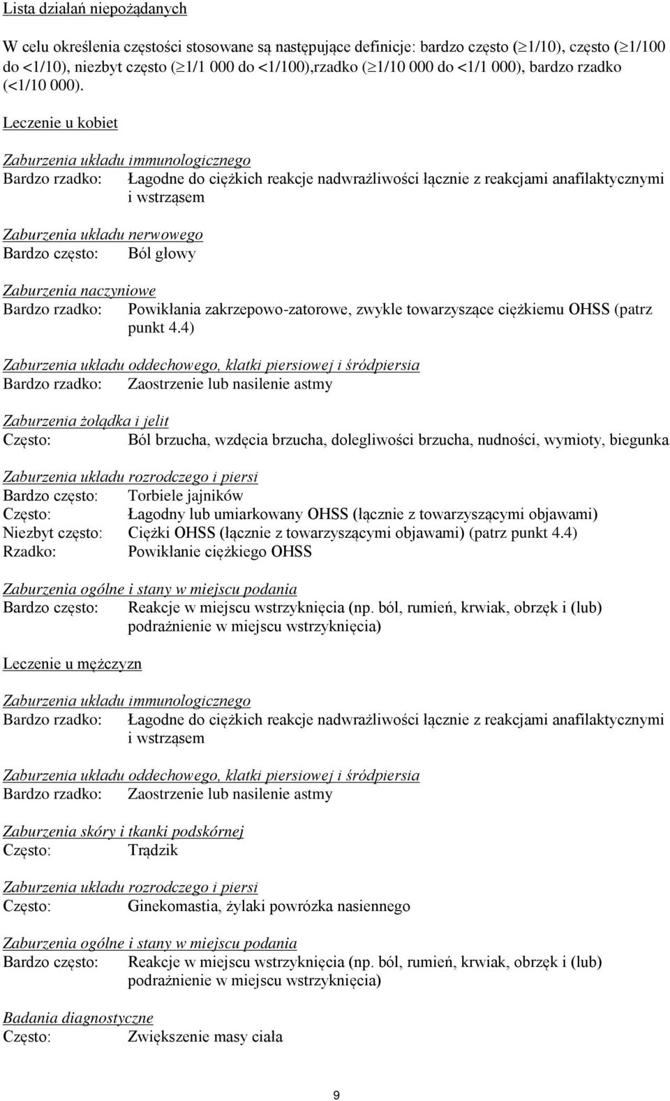 Leczenie u kobiet Zaburzenia układu immunologicznego Bardzo rzadko: Łagodne do ciężkich reakcje nadwrażliwości łącznie z reakcjami anafilaktycznymi i wstrząsem Zaburzenia układu nerwowego Bardzo