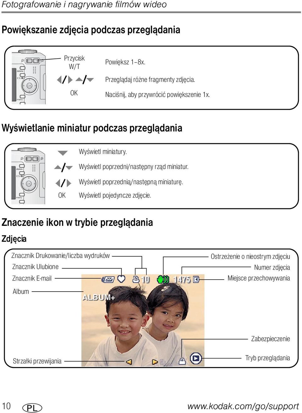 Wyświetl poprzednią/następną miniaturę. OK Wyświetl pojedyncze zdjęcie.