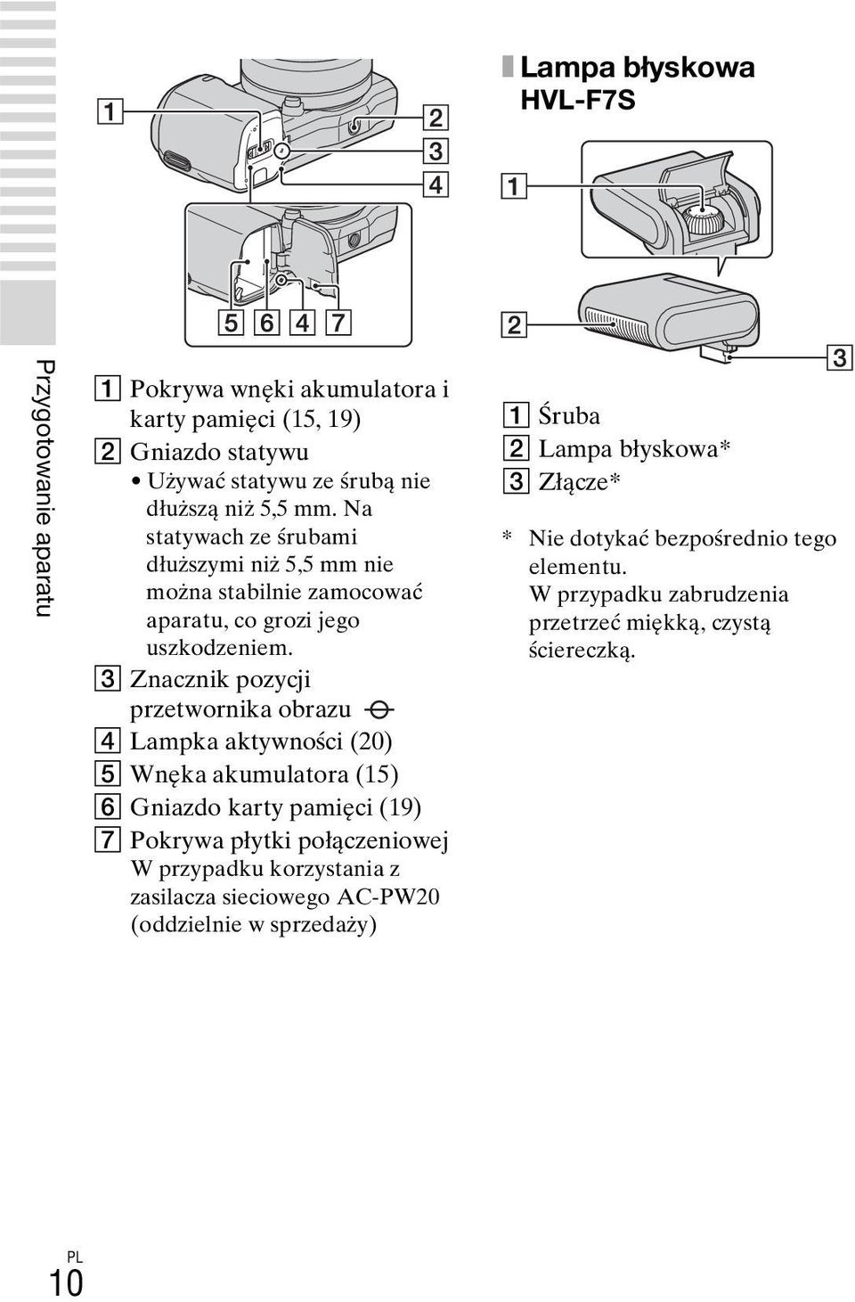 C Znacznik pozycji przetwornika obrazu D Lampka aktywności (20) E Wnęka akumulatora (15) F Gniazdo karty pamięci (19) G Pokrywa płytki połączeniowej W przypadku