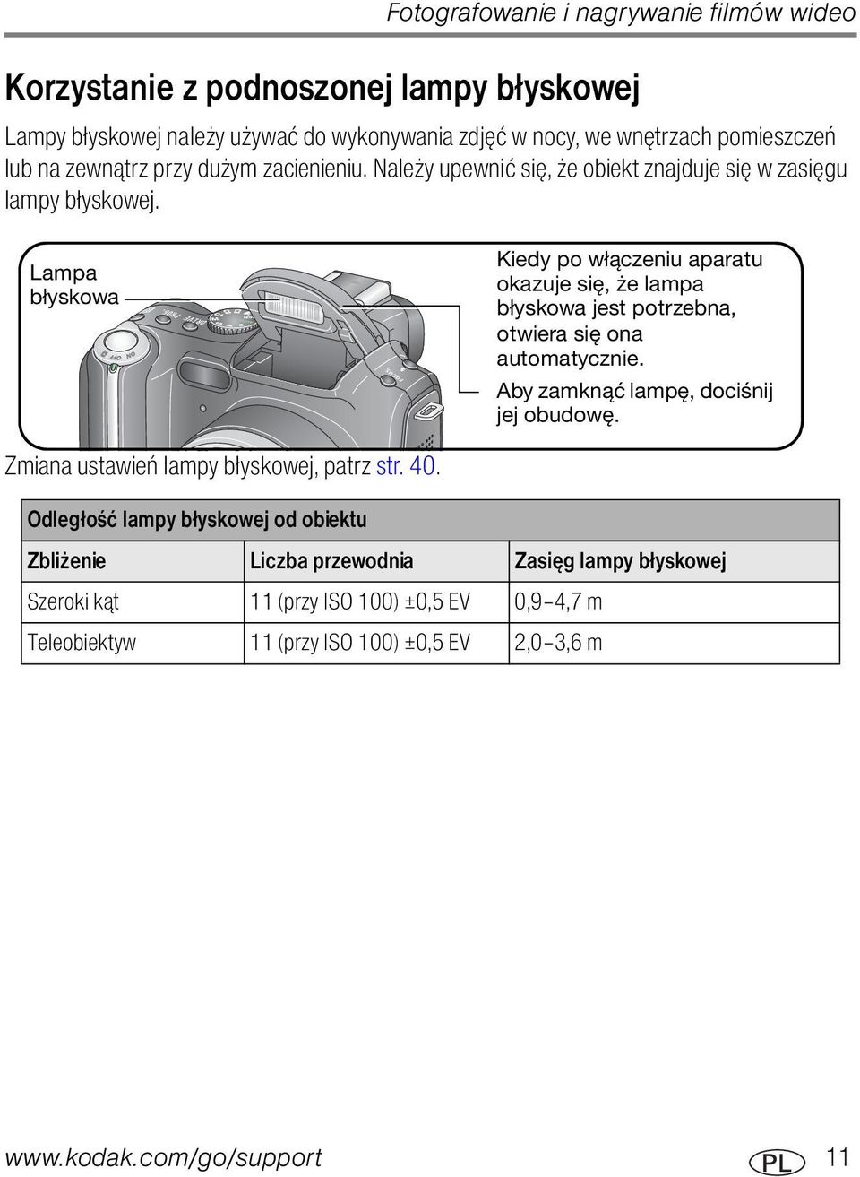 Lampa błyskowa Kiedy po włączeniu aparatu okazuje się, że lampa błyskowa jest potrzebna, otwiera się ona automatycznie. Aby zamknąć lampę, dociśnij jej obudowę.