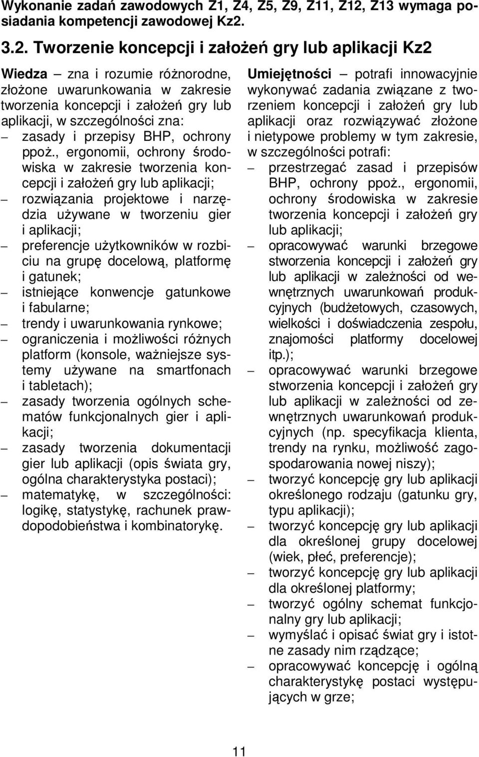 3.2. Tworzenie koncepcji i założeń gry lub aplikacji Kz2 Wiedza zna i rozumie różnorodne, złożone uwarunkowania w zakresie tworzenia koncepcji i założeń gry lub aplikacji, w szczególności zna: zasady