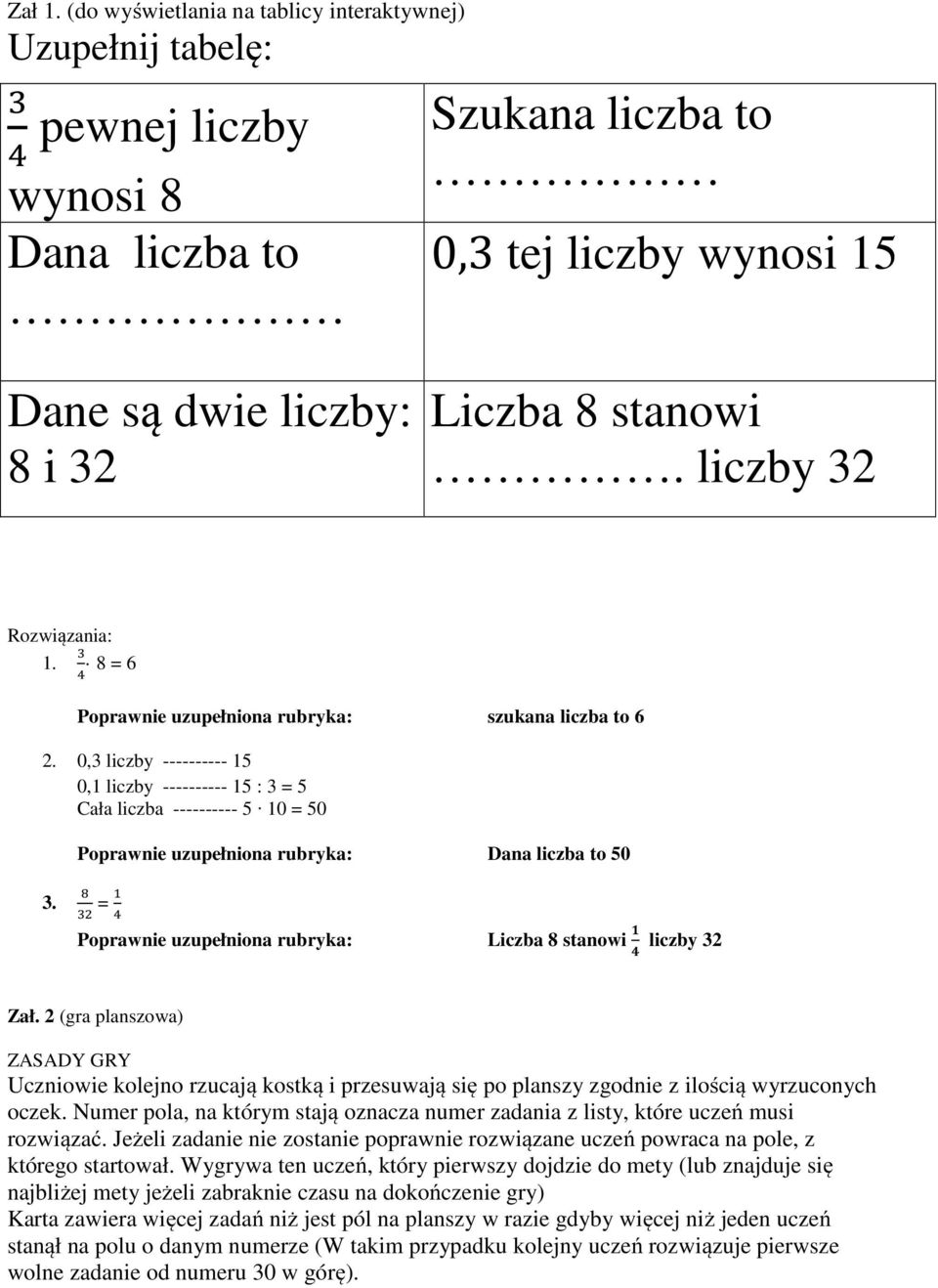 0,3 liczby ---------- 15 0,1 liczby ---------- 15 : 3 = 5 Cała liczba ---------- 5 10 = 50 Poprawnie uzupełniona rubryka: Dana liczba to 50 3.