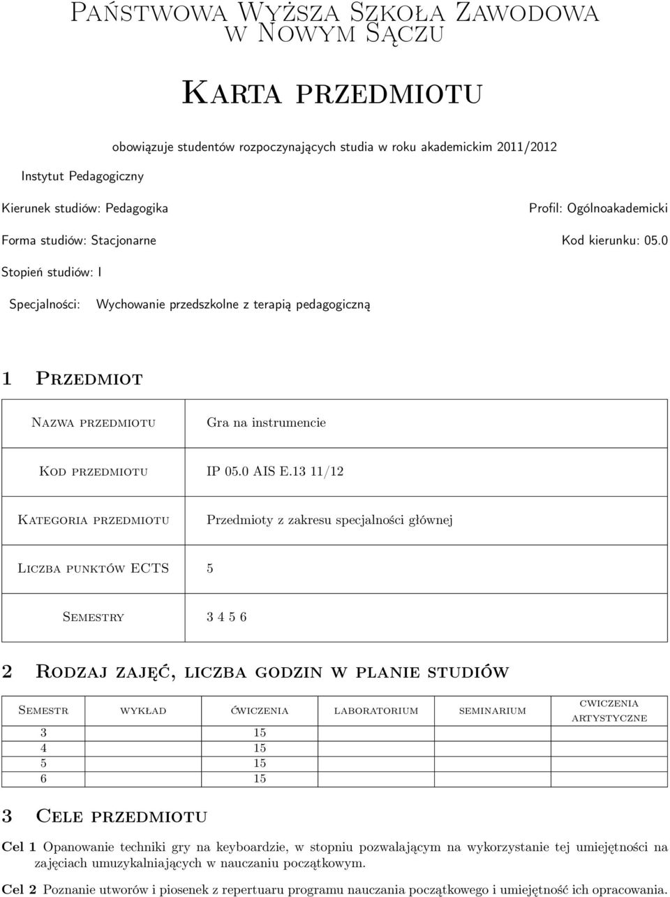 0 Stopień studiów: I Specjalności: Wychowanie przedszkolne z terapią pedagogiczną 1 Przedmiot Nazwa przedmiotu Gra na instrumencie Kod przedmiotu IP 05.0 AIS E.