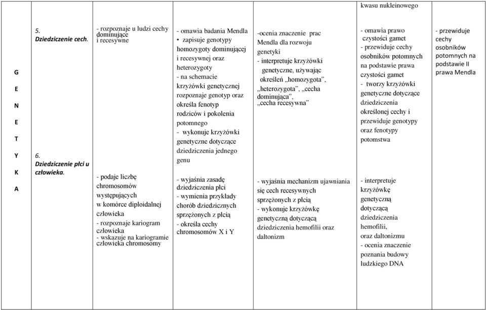 chromosomy - omawia badania Mendla zapisuje genotypy homozygoty dominującej i recesywnej oraz heterozygoty - na schemacie krzyżówki genetycznej rozpoznaje genotyp oraz określa fenotyp rodziców i