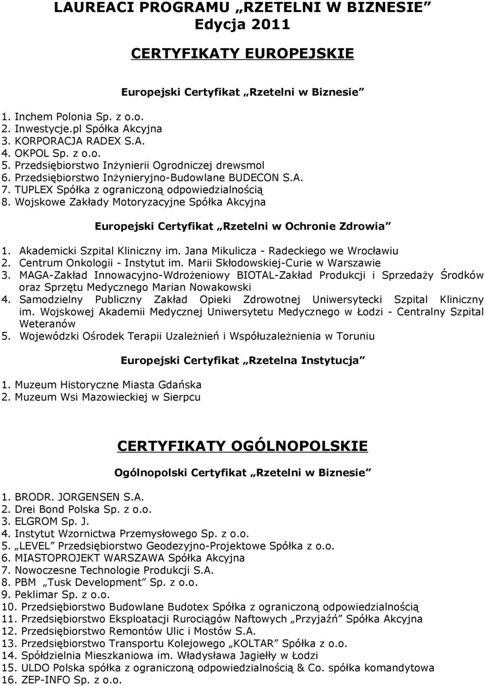 Wojskowe Zakłady Motoryzacyjne Spółka Akcyjna Europejski Rzetelni w Ochronie Zdrowia 1. Akademicki Szpital Kliniczny im. Jana Mikulicza - Radeckiego we Wrocławiu 2. Centrum Onkologii - Instytut im.