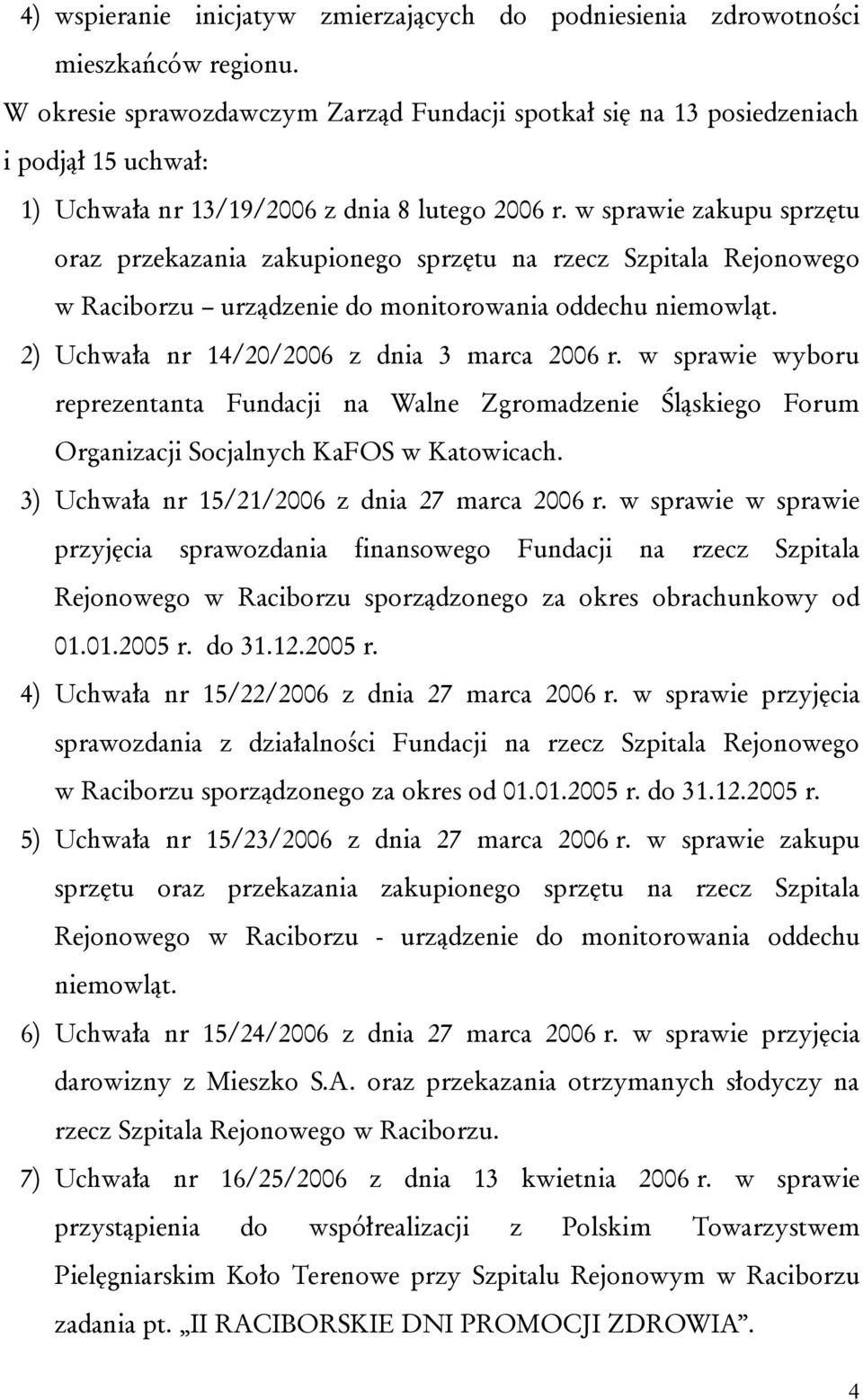 w sprawie zakupu sprzętu oraz przekazania zakupionego sprzętu na rzecz Szpitala Rejonowego w Raciborzu urządzenie do monitorowania oddechu niemowląt. 2) Uchwała nr 14/20/2006 z dnia 3 marca 2006 r.