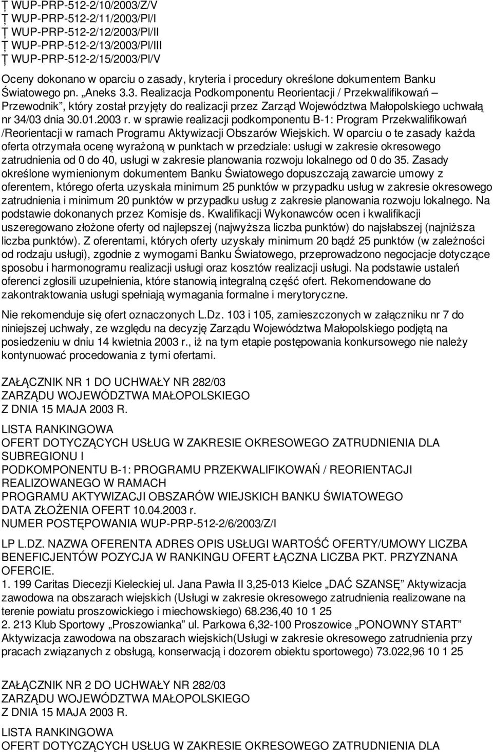 3. Realizacja Podkomponentu Reorientacji / Przekwalifikowań Przewodnik, który został przyjęty do realizacji przez Zarząd Województwa Małopolskiego uchwałą nr 34/03 dnia 30.01.2003 r.