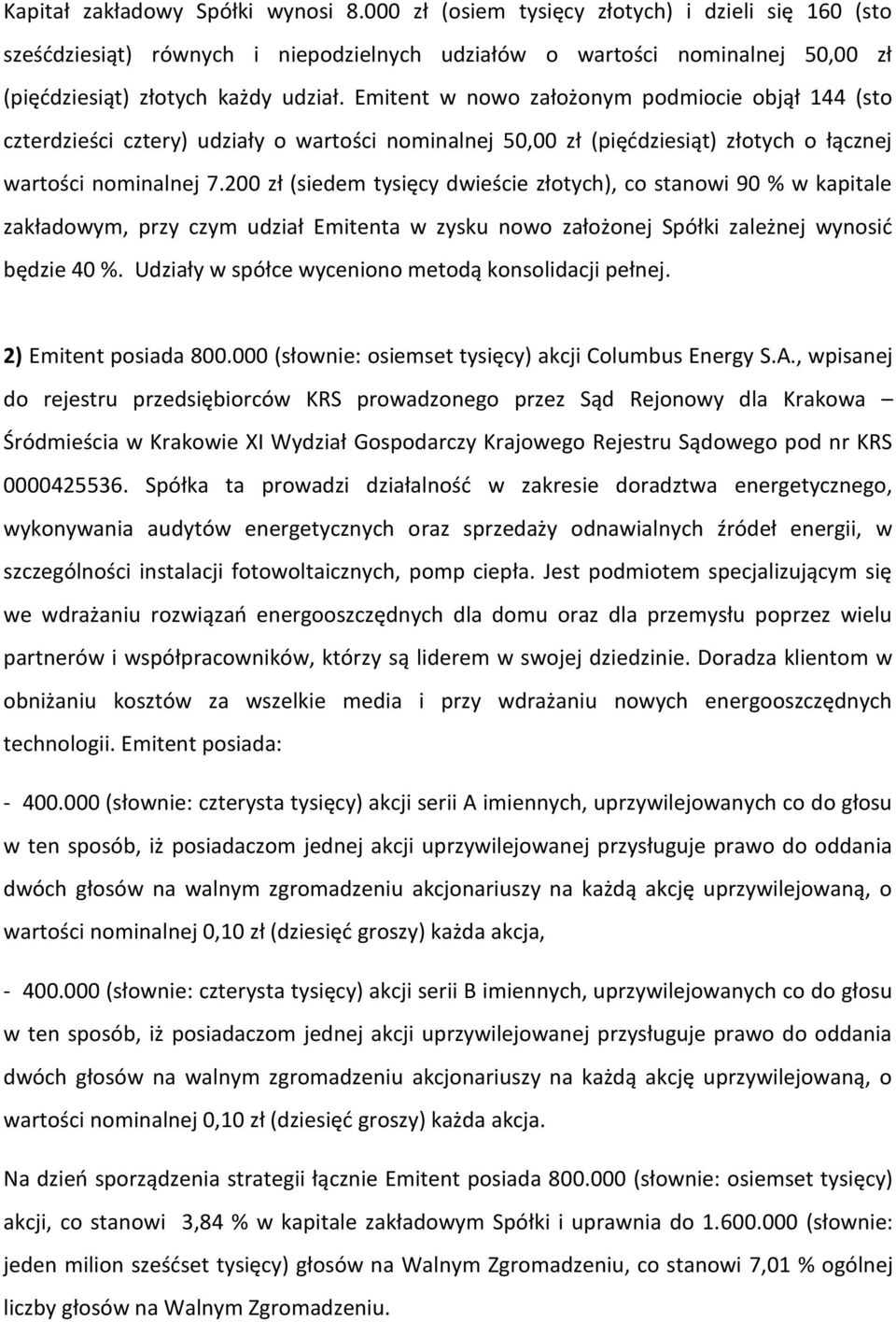 Emitent w nowo założonym podmiocie objął 144 (sto czterdzieści cztery) udziały o wartości nominalnej 50,00 zł (pięćdziesiąt) złotych o łącznej wartości nominalnej 7.