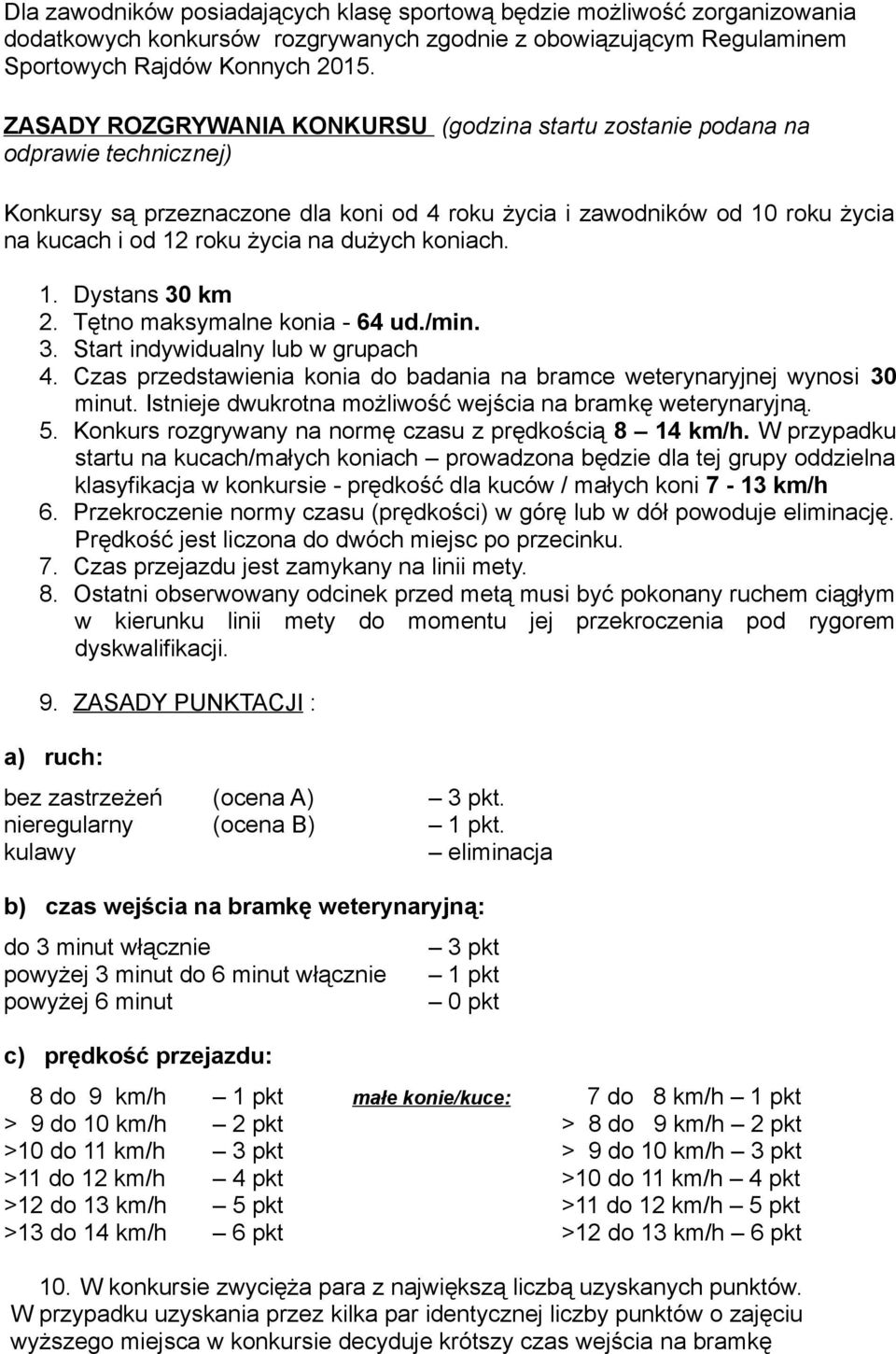 dużych koniach. 1. Dystans 30 km 2. Tętno maksymalne konia - 64 ud./min. 3. Start indywidualny lub w grupach 4. Czas przedstawienia konia do badania na bramce weterynaryjnej wynosi 30 minut.