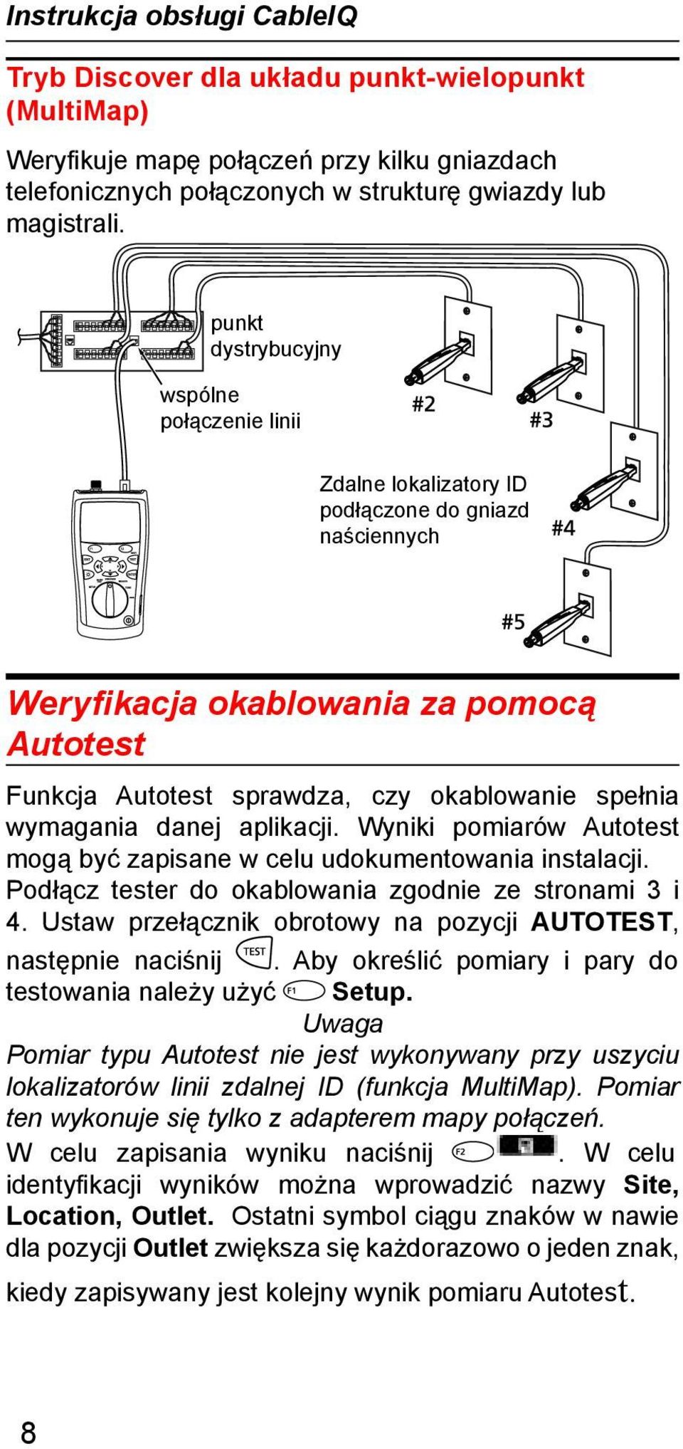 wymagania danej aplikacji. Wyniki pomiarów Autotest mogą być zapisane w celu udokumentowania instalacji. Podłącz tester do okablowania zgodnie ze stronami 3 i 4.