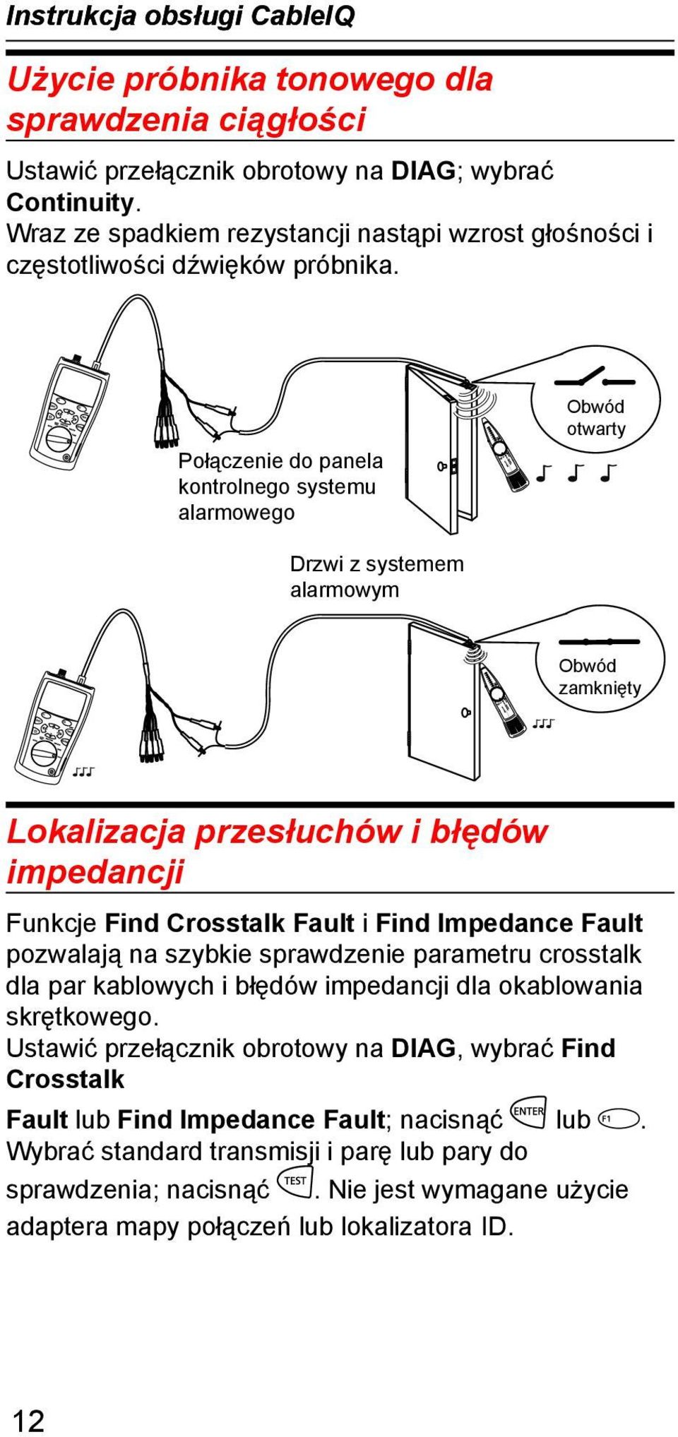 Połączenie do panela kontrolnego systemu alarmowego Drzwi z systemem alarmowym Obwód otwarty Obwód zamknięty Lokalizacja przesłuchów i błędów impedancji Funkcje Find Crosstalk Fault i Find Impedance