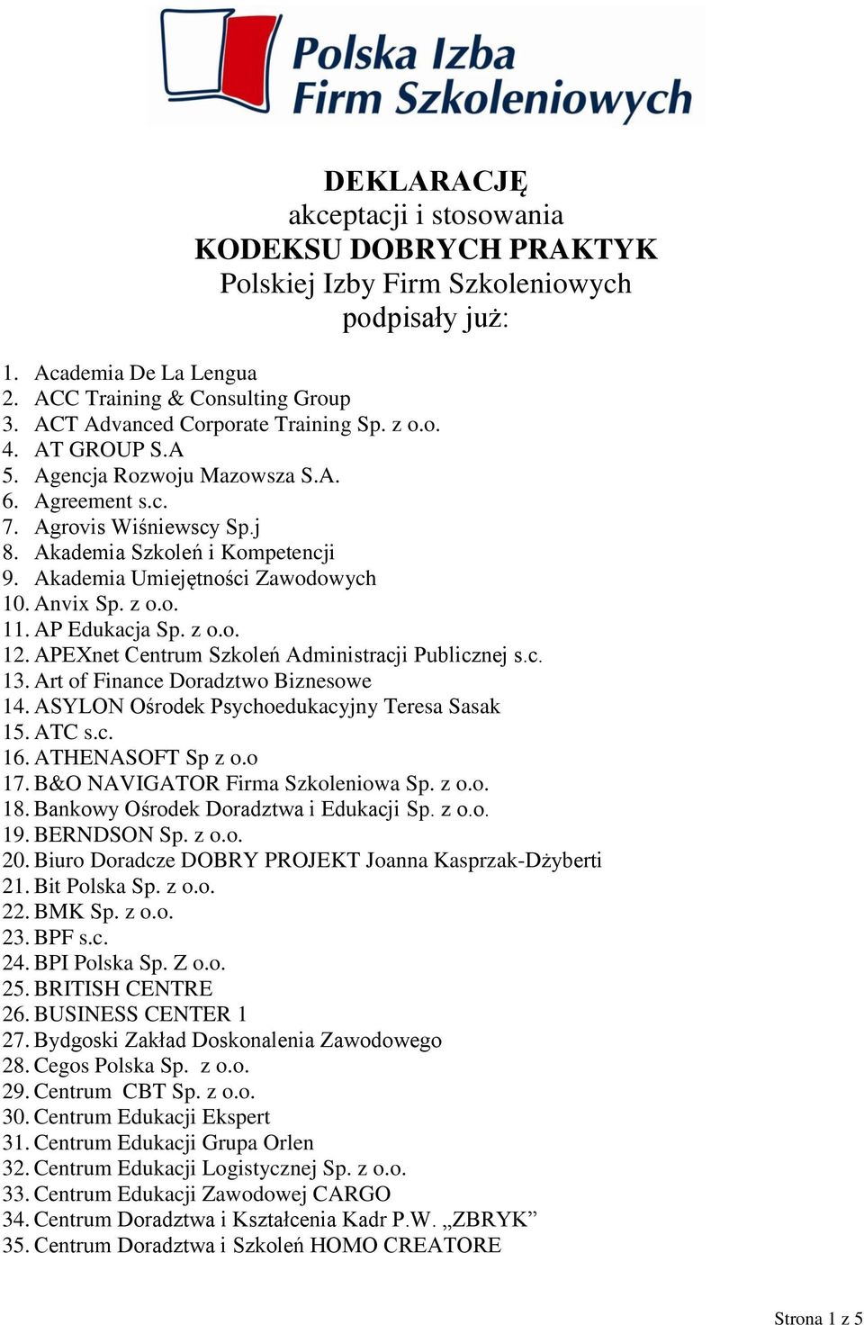 Akademia Umiejętności Zawodowych 10. Anvix Sp. z o.o. 11. AP Edukacja Sp. z o.o. 12. APEXnet Centrum Szkoleń Administracji Publicznej s.c. 13. Art of Finance Doradztwo Biznesowe 14.