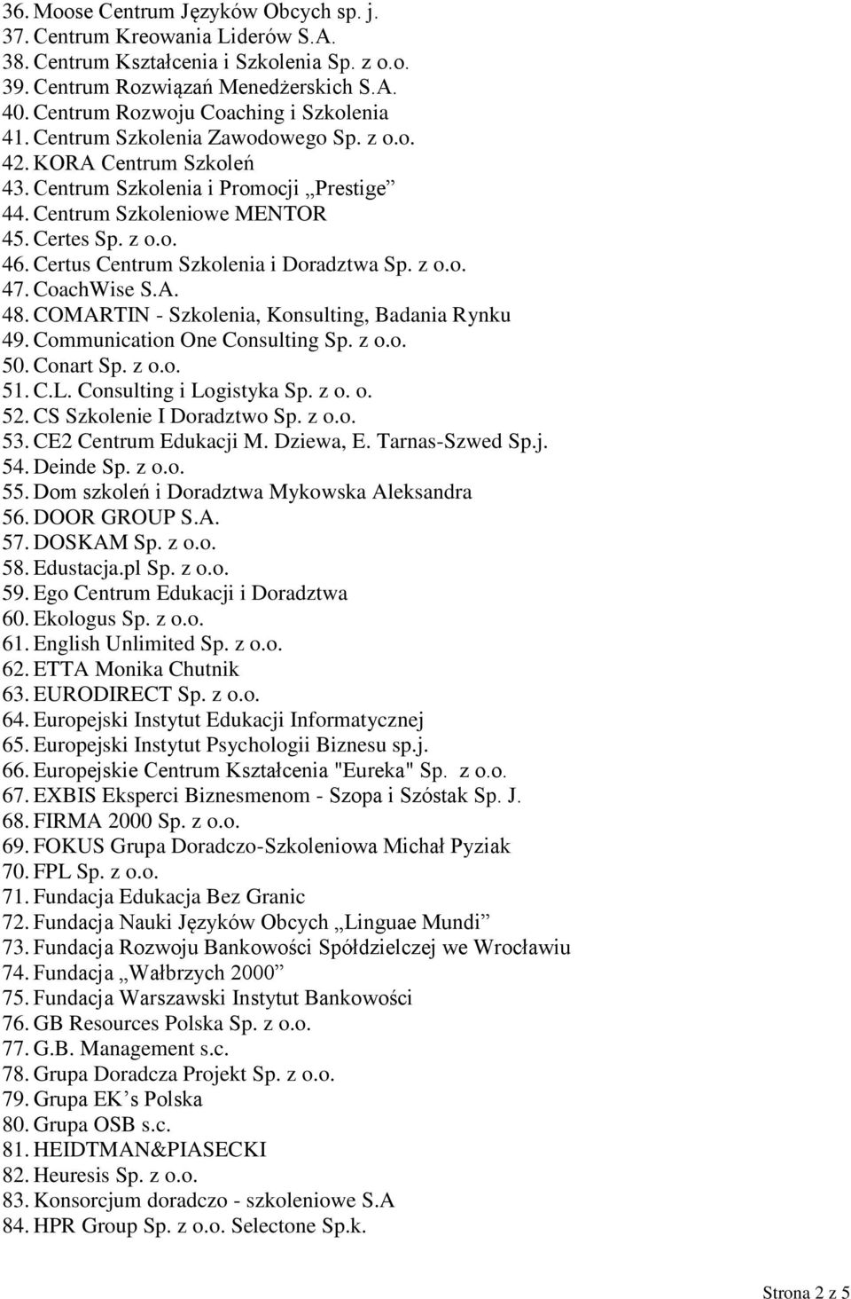 Certus Centrum Szkolenia i Doradztwa Sp. z o.o. 47. CoachWise S.A. 48. COMARTIN - Szkolenia, Konsulting, Badania Rynku 49. Communication One Consulting Sp. z o.o. 50. Conart Sp. z o.o. 51. C.L.