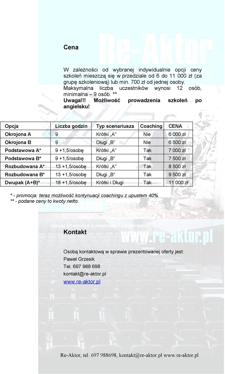 Opcja Liczba godzin Typ scenariusza Coaching CENA Okrojona A 9 Krótki A Nie 6 000 zł Okrojona B 9 Długi B Nie 6 500 zł Podstawowa A* 9 +1,5/osobę Krótki A Tak 7 000 zł Podstawowa B* 9 +1,5/osobę