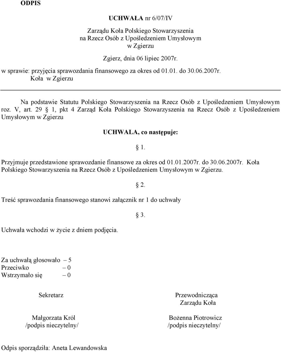 29 1, pkt 4 Zarząd Koła Polskiego Stowarzyszenia na Rzecz Osób z Upośledzeniem Umysłowym Przyjmuje przedstawione sprawozdanie finansowe za