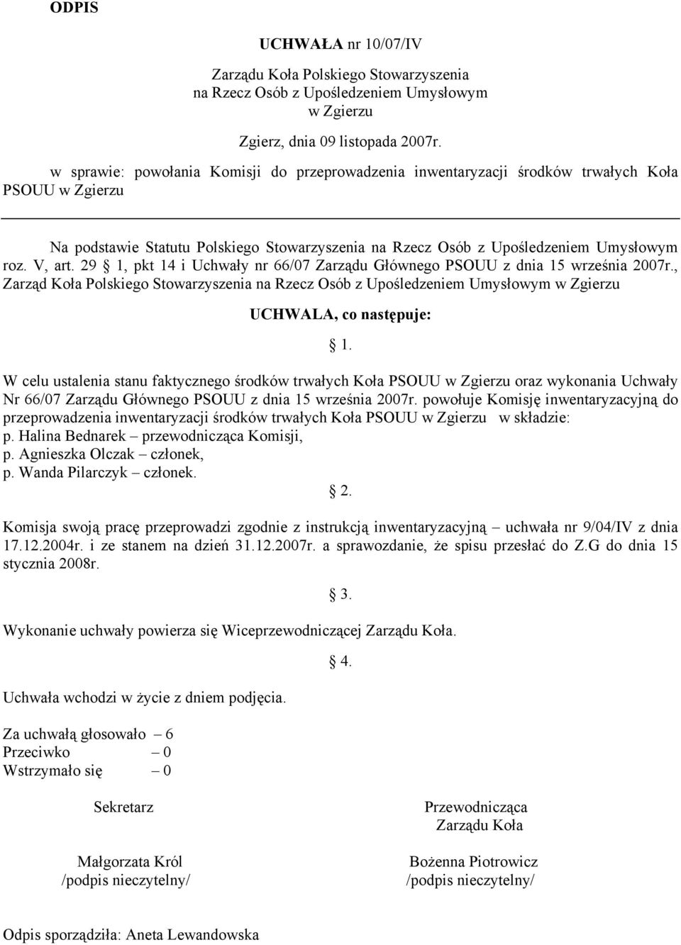 29 1, pkt 14 i Uchwały nr 66/07 Zarządu Głównego PSOUU z dnia 15 września 2007r.